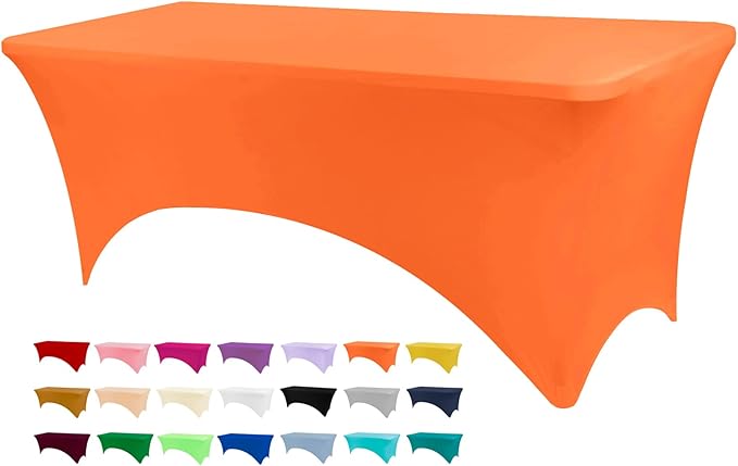 4ft Table Cover Fitted, Orange Spandex Table Covers, Washable and Wrinkle Resistant Stretch Tablecloths Rectangle for Events, Wedding, Banquets, Parties