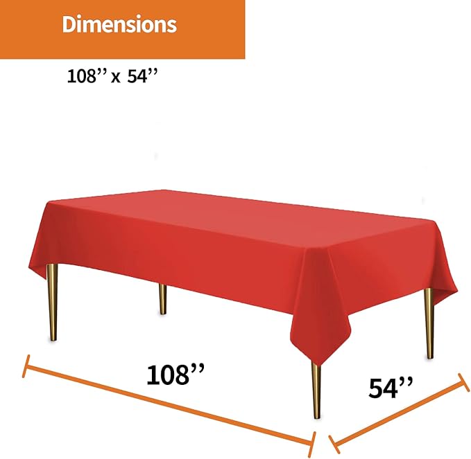 Party Dimensions Red Tablecloth Disposable Plastic Table Cover for Rectangle Tables (12 Pack) Premium Plastic Table Cloths for Parties, Events & Weddings, Indoors/Outdoors, 54"x108"