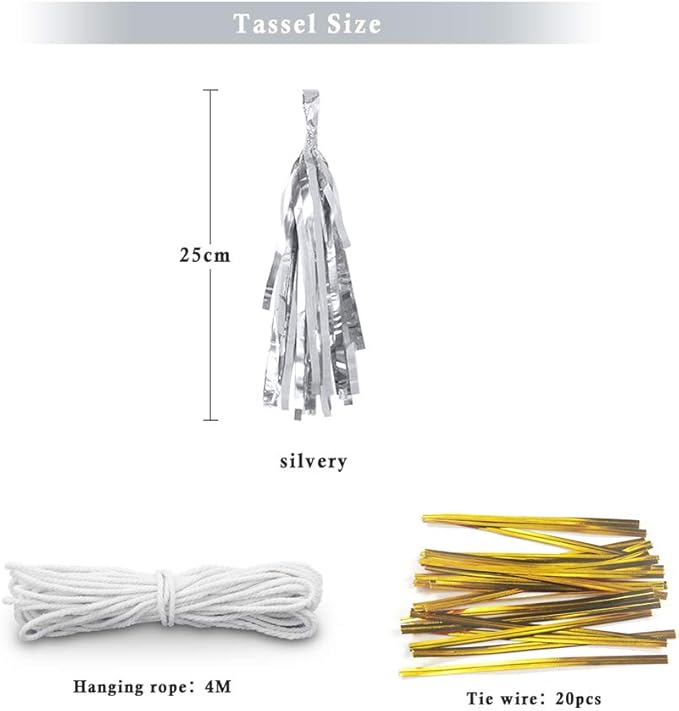 9.8in Silver Tissue Paper Tassel DIY Hanging Paper Decorations Party Garland Decor for Parties, Weddings, Festivals, Baby Showers - 20PCS (25cm)