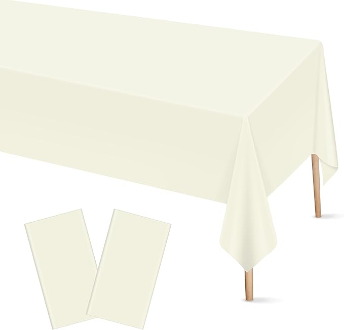 Mulbozy 2 Pcs Ivory Plastic Tablecloth for Rectangle Table, 54 × 108 inches Disposable Ivory Party Table Covers for Birthday, Anniversary, Wedding, Fine Dining, Graduation Party Decoration