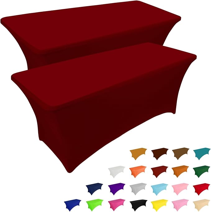 IVAPUPU 2 Pack 8FT Table Cloth for Rectangular Fitted Events Stretch Burgundy Table Covers Washable Cover Spandex Tablecloth Protector for Party, Wedding, Cocktail, Banquet, Festival