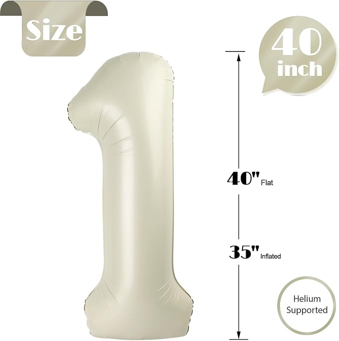 Cream Number 1 Balloon for First Birthday 40 Inch, 1st One Number Balloons Birthday Decorations for Girl Boy Toddler Baby