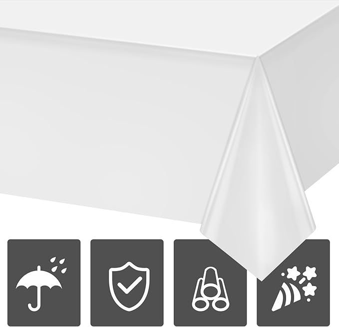 Hxezoc 3 Pack White Disposable Plastic Tablecloths, 54 x 108 Inches Waterproof Table Cover for Wedding Birthday Party Baby Shower Decorations Outdoor Indoor Party Supplies