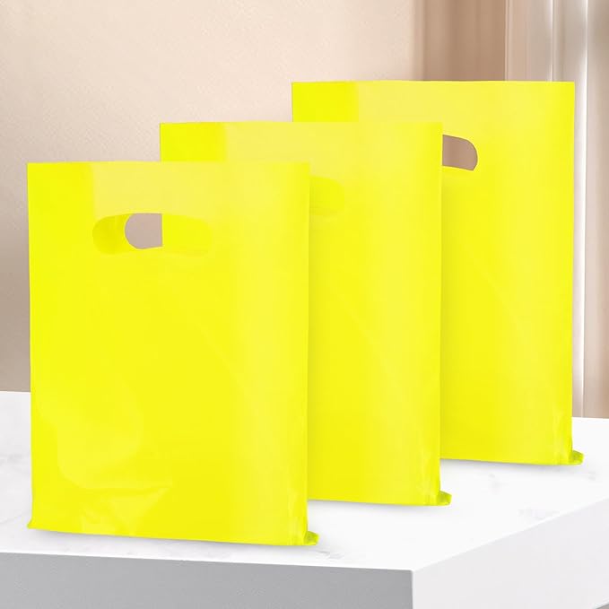 100 PCS Yellow Small Gift Bags, 6"x8" Merchandise Bags for Small Businesses, Goodie Bags Party Favor Bags for Kids, Treat Bag Retail Bag with Handle for Kids Birthday, Christmas