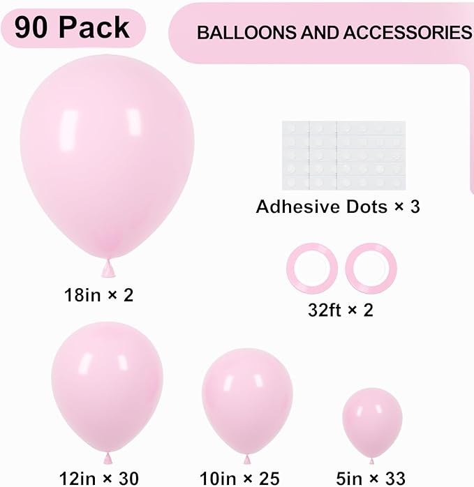 90pack Light Pink Balloons Different Size 18/12/10/5 Inch Pastel Pink Balloon Garland Arch Kit for Boys Girls Birthday Party, Baby Shower, Wedding, Gender Reveal, Baby Shower Decorations