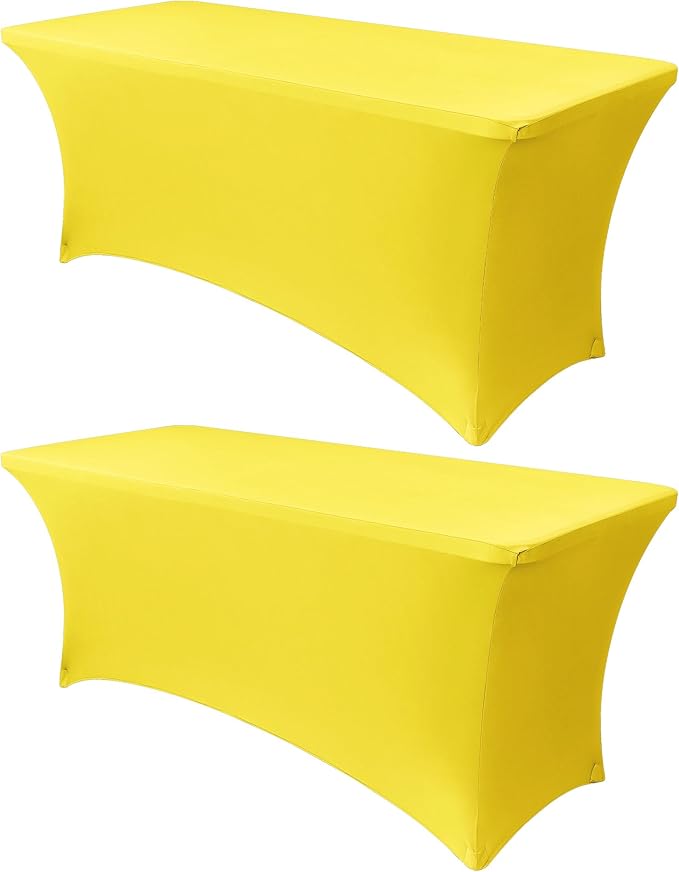 Obstal 4Ft Stretch Spandex Table Cover for Standard Folding Tables - 2 Pack Universal Rectangular Fitted Tablecloth for Party, Banquet, Events, Trade Show (Yellow, 48L x 24W x 30H Inches)