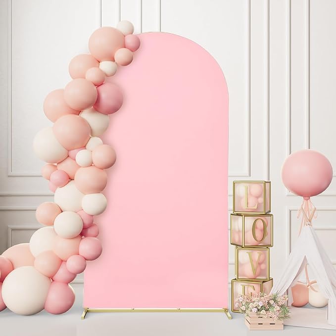 Minetom 7.2ft Metal Arch Backdrop Stand with Wedding Arch Cover Spandex, Wedding Balloon Arch Square Frame for Birthday Party Baby Shower Graduation Ceremony Decoration, Pink