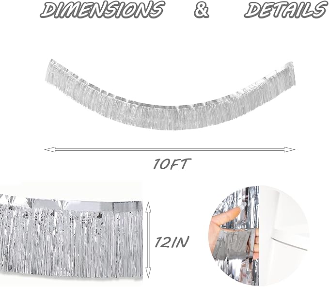 Silver Foil Fringe Garland 10FT 2packs, Metallic Foil Tinsel Fringe Banners for Parade Float Decorations Wedding, Birthday Party Graduation (Two Silver)