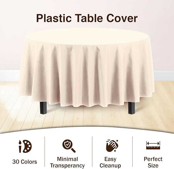 Exquisite 12-Pack Premium Plastic Tablecloth 12-Pack Premium Plastic 84-Inch Round Tablecloth, Ivory