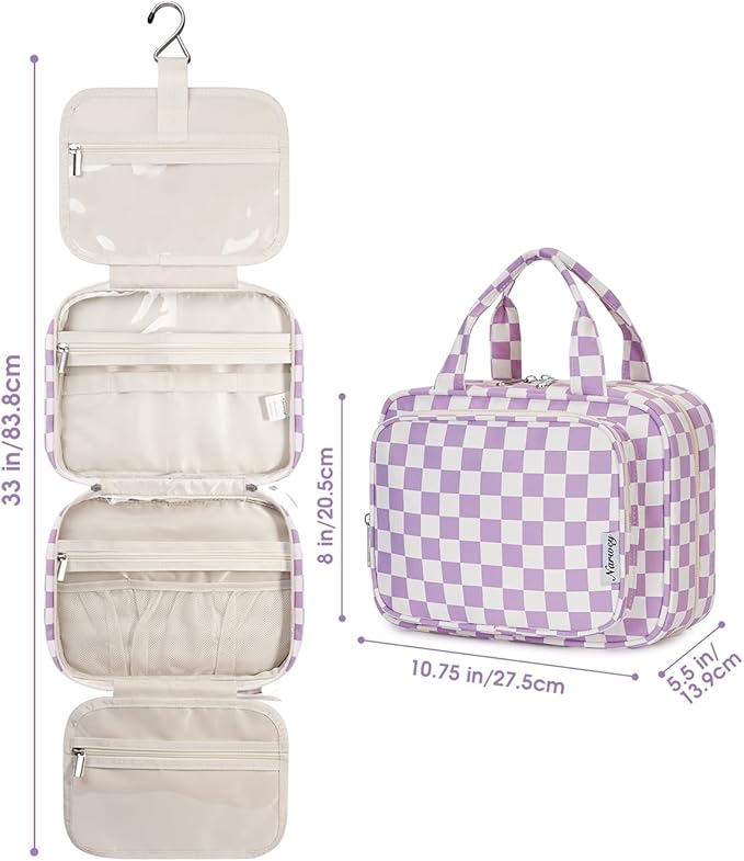 Narwey Hanging Toiletry Bag for Women Travel Makeup Bag Organizer Toiletries Bag for Travel Size Essentials Accessories Cosmetics (Purple Checkerboard (Medium))