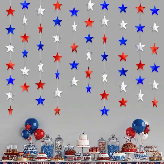 Red Silver and Blue Hanging Star Garland Patriotic Hanging Star Streamer Glitter Star Backdrop for 4th of July, Independence Day, Memorial Day, Veterans Day, Labor Day Decorations Decorations 40 Feet