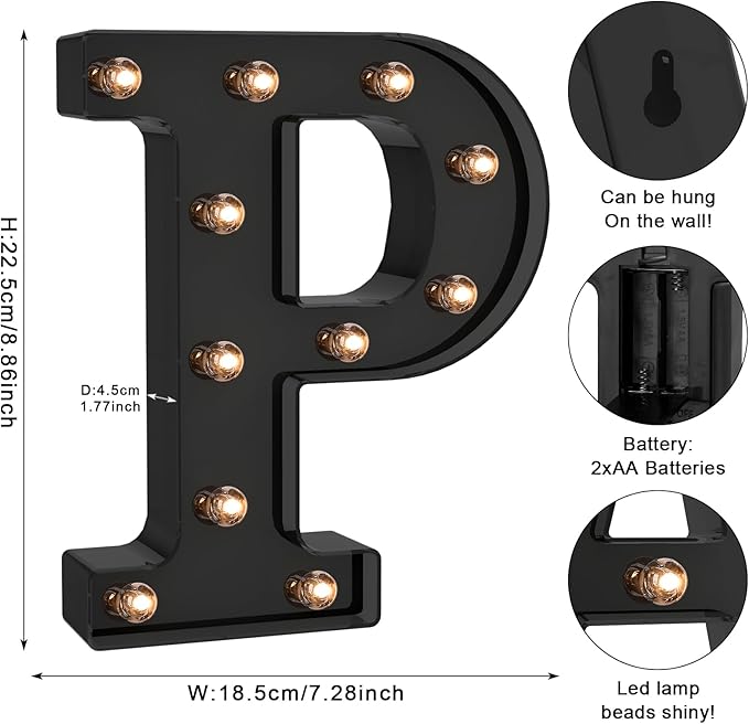 Foaky Black LED Letter Lights for Room Decor - Bedroom Wall Decor, Alphabet Lights for Home, Wedding, Party - Battery Operated （P）