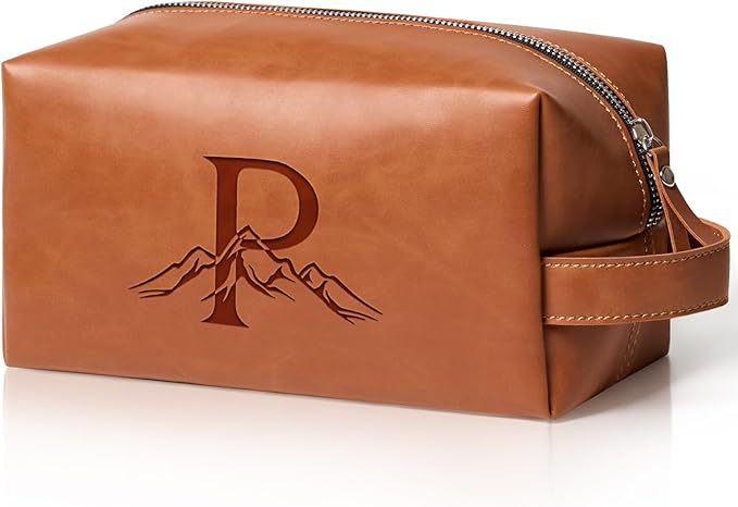 Personalized Gifts Travel Toiletry Bag for Men Engraved Initial PU Leather Waterproof Shaving Bag for Toiletries Accessories Fathers Day Birthday Gift for Men Dad Husband Son, Light Brown P