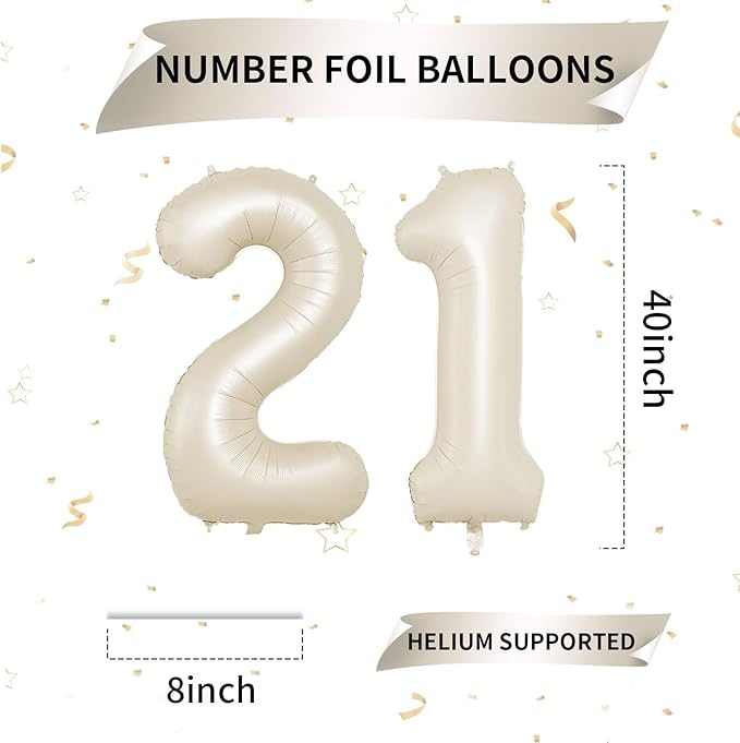 Biapian 40 Inch Cream Number 21 Balloon, 21st Birthday Balloons, Big Digital 21 or 12 Beige White Giant 21 Foil Balloon Helium for 12th 21st Birthday Decorations Anniversary Baby Shower Party Supplies