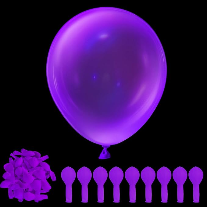 100 Pcs UV Neon Purple Balloons 12 inch Neon Party Supplies, Balloons, Glow in the Dark for Birthday, Graduation, Baby Shower,Wedding, Anniversary Valentines Party Decorations