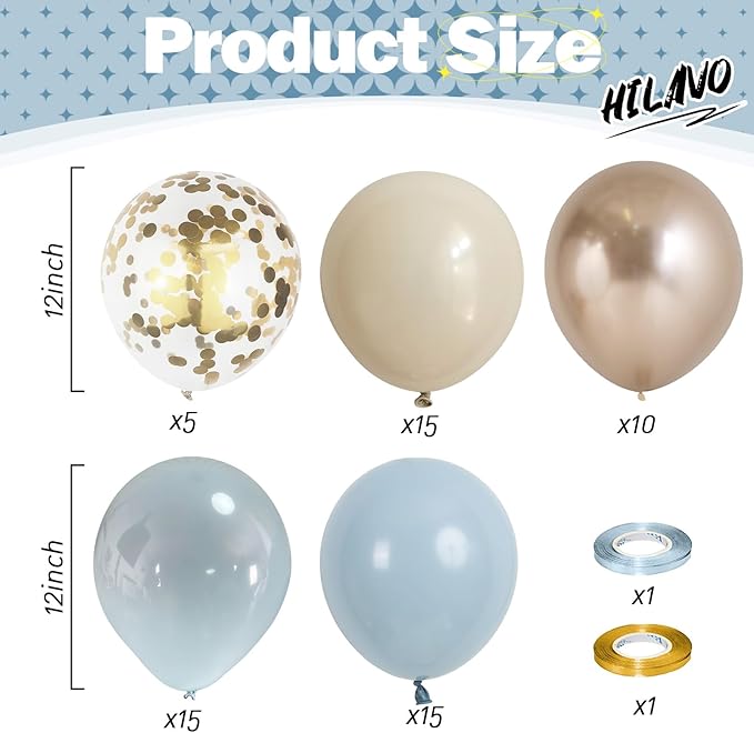 Dusty Blue Balloon Set, 60Pcs 12 Inch Slate Muted Baby Blue Fog Pastel Light Blue White Sand Balloon with Metallic Confetti Champagne Gold Balloons for Boy Birthday Party Baby Bridal Shower Decortaion
