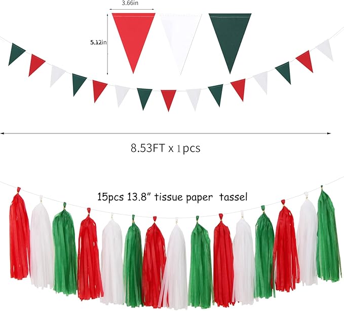 Red-Green White Party-Decorations - 23pcs Mexico Italy Tissue Pom Poms Streamers,Tassel Garland Banner,Mexican Italian Birthday Wedding Baby Shower Decor Bunting Lasting Surprise