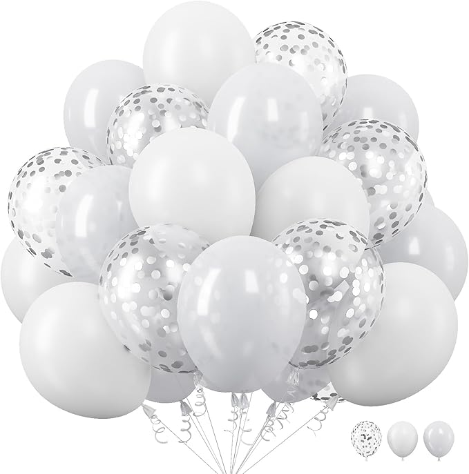 White Balloons, 12 Inch Pearl Pure White Ivory Latex Balloon with Silver Confetti Balloons for Boho Birthday Baby Shower Wedding Bachelorette Retirement Valentine’s Day Party Decorations