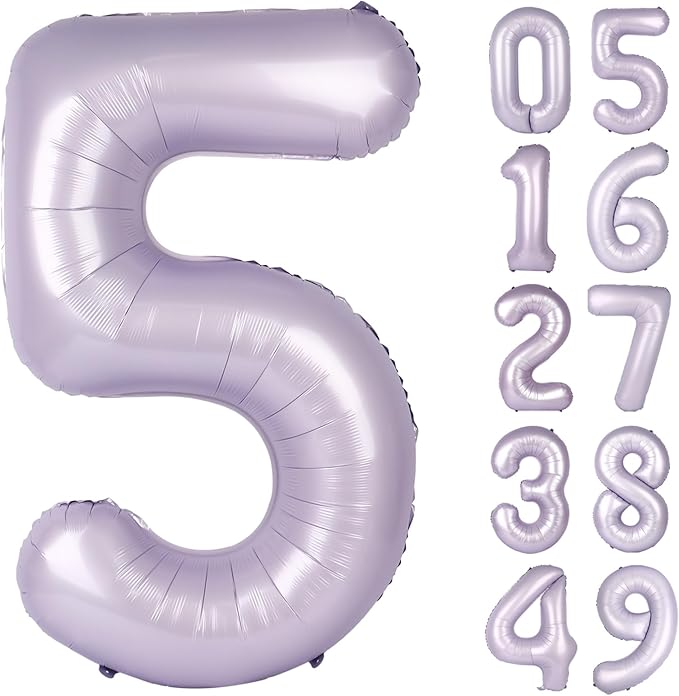 Lilac 40 Inch Large Number 5 Birthday Balloon, Five 5th 15 25 35 50 55 Birthday Celebration Decorations, Lavender Foil 5 Mylar Helium Balloons Girl Boy Anniversary Party Supplies