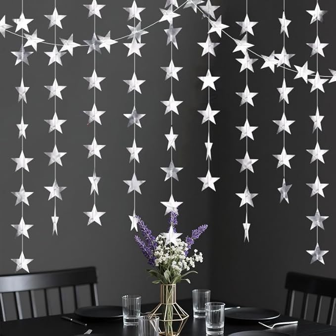 Silver Shining Star Hanging Garland Silver Hanging Sparkling Star Streamer Glitter Bunting Banner Twinkle Backdrop for Wedding Baby Shower Birthday Christmas Decorations 40 Feet