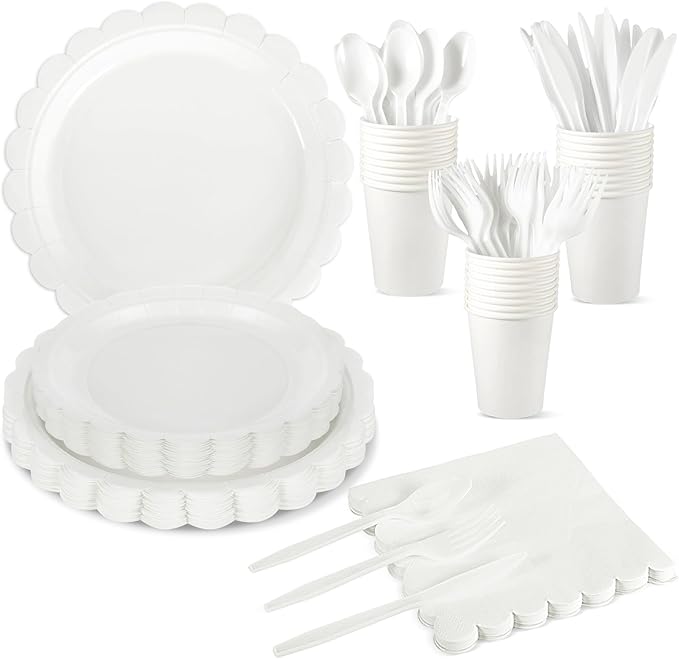 175 Pcs White Paper Plates and Napkins, 25 Guest White Party Supplies Include Scalloped Plates Paper Napkin Cup Plastic Spoon Fork Knive for Baby Shower, Wedding, Birthday