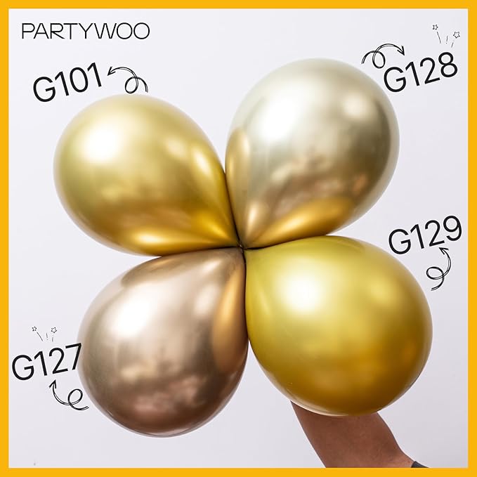 PartyWoo White and Gold Balloons, 140 pcs White and Metallic Gold Balloons Different Sizes Pack of 18 Inch 12 Inch 10 Inch 5 Inch for Balloon Garland or Arch as Birthday Decorations, Party Decorations