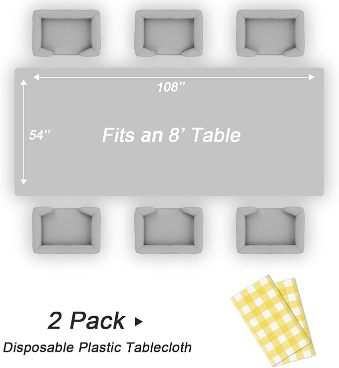 QIKSION Yellow Gingham Tablecloth Disposable 2 Pack, 54 x 108 Inch Yellow and White Checkered Table Cloth for Easter Decorations, Birthday Party Supplies, Rectangle, Plastic Table Cover