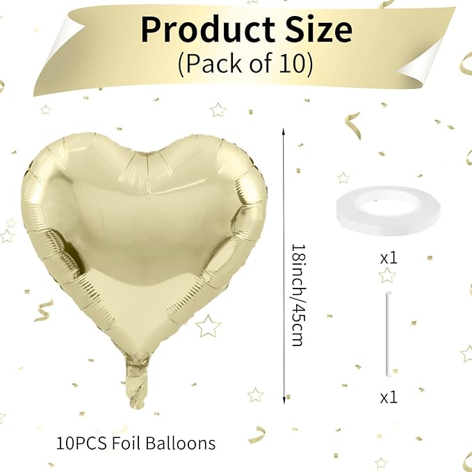 Pastel Gold Heart Balloons - 18 Inch Foil, 10 Pcs Love Balloons for Valentines Day, Birthday, Wedding, Bridal, Baby Shower Decorations