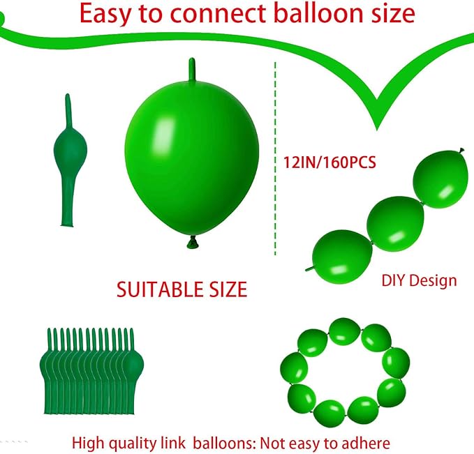 Link Balloons Green 12 Inch Latex Quick Linkale Balloon 160 Pcs for Birthday, Halloween, Christmas, Party Festival Decorations