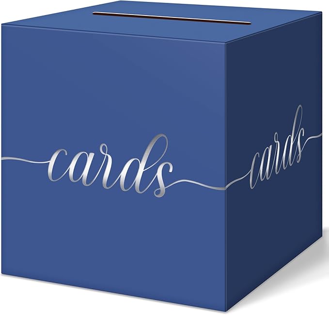 QIKSION Navy Blue Graduation Card Box, Silver Foil Gift Card Box for Graduation, Party, Wedding Reception, Birthday, Baby Shower, Raffle