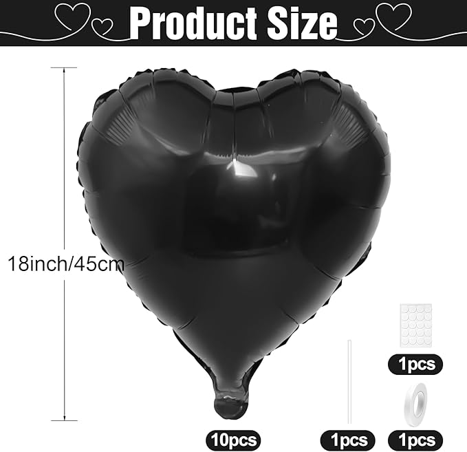 Black Heart Balloons,10Pcs Black Foil Heart Shaped Love Balloons,18Inch Helium Polyester Film Balloon for Valentines,Engagement,Birthday,Anniversary,Wedding Party Decorations