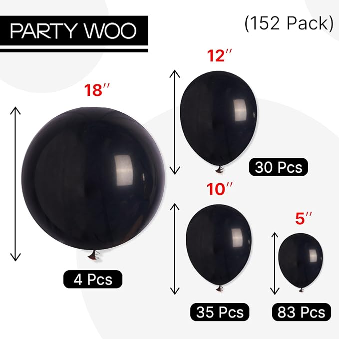 PartyWoo Black Balloons 152 pcs Different Sizes of 18 12 10 5 Inch Black Balloons Arch Kit Garland for Baby Shower Birthday Graduation Casino Gaming Anniversary Race Car Party Decorations Black-Y18