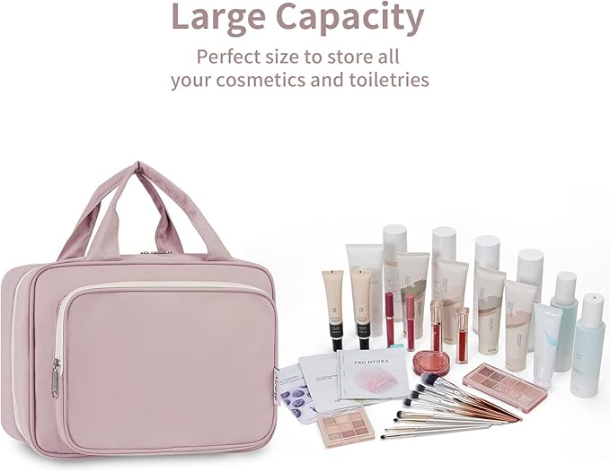 Narwey Travel Toiletry Bag for Women Large Hanging Makeup Bag Organizer Toiletries Bag for Full Size Essentials Accessories Cosmetics (Dusty Rose (Large))