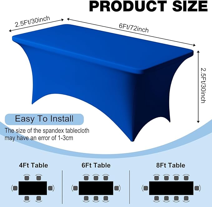 Trlyc 1 Pack 6FT Spandex Table Cloth - 72 x 30 Inch Rectangular Stretch Tablecloth, Wrinkle Resistant Scretch Table Cover for Wedding, Party, Banquet, Picnic, Outdoor Decoration (1Pcs,Royal Blue)