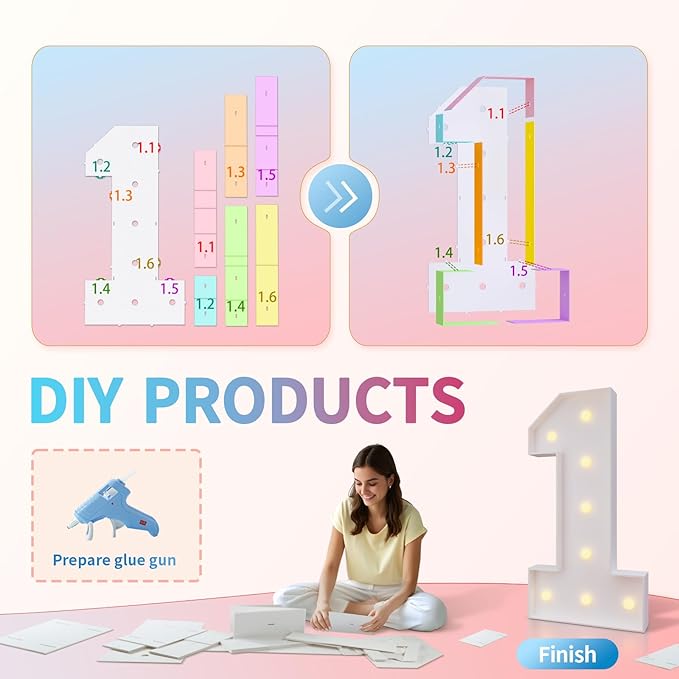 imprsv 3FT Marquee Numbers, Light Up Numbers for 1st 21st Birthday Decorations Anniversary Party Decor, Number 1 Light Up Number, Pre-Cut Foam Board Kit
