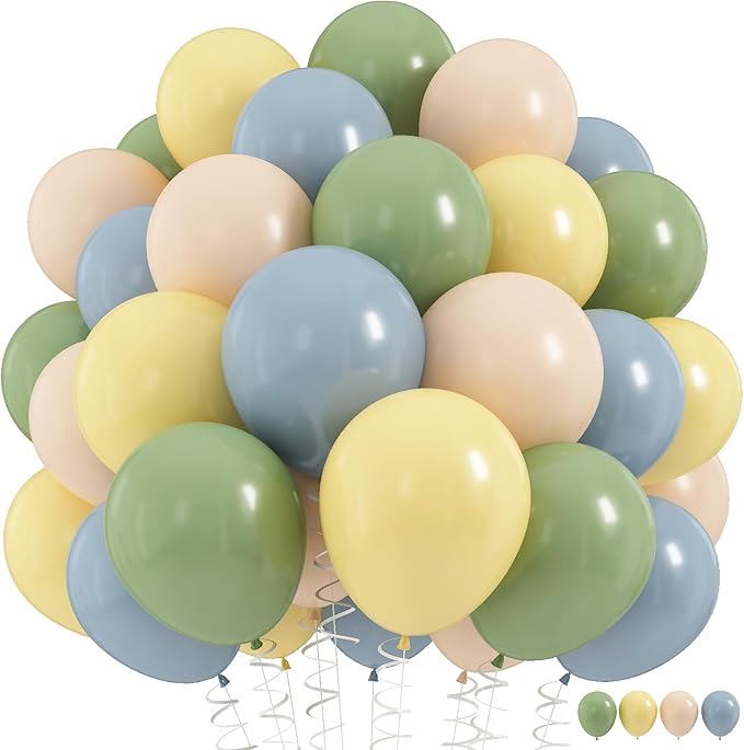 Sage Green Dusty Blue Yellow Balloons Set, 60Pcs 12 Inch Olive Green Macaron Yellow Slate Blue White Sand Cream Latex Balloons for Birthday Wedding Baby Shower Wild One Party Deocrations Supplies