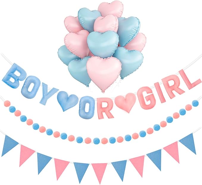 Gender Reveal Banner Set with Pre-Strung 3D Boy or Girl Felt Banner, Pom Pom Garland, Triangle Fabric Bunting, 12 PCS Pink Blue Heart Shaped Balloons, Baby Shower Decorations for Girls Boys Twins