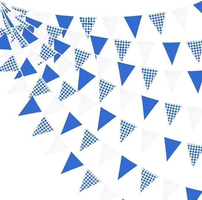 32Ft Deep Blue Party Decorations Blue Buffalo Plaid Checkered White Triangle Flag Gingham Pennant Bunting Fabric Garland for Picnic Racing Car BBQ Birthday Wedding Outdoor Garden Oktoberfest Decor