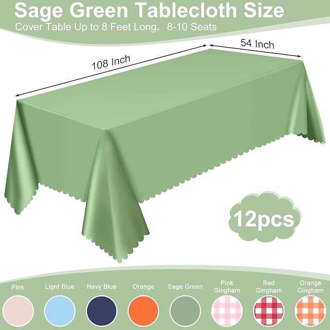 12 Pack Plastic Sage Green 54 X 108Inch Disposable Easter Scalloped Table Cloth, Waterproof Covers for Rectangle Table – Spring BBQ Picnic Wedding Bridal Shower Baby Shower Tea Party