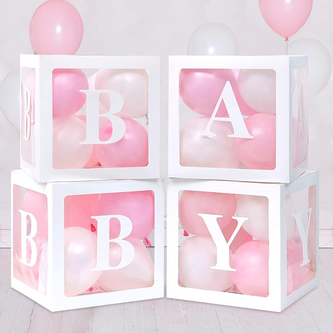 RUBFAC Baby Boxes for Baby Shower Decoration with 8 Letters and 36 Balloons 4pcs Clear Balloon Boxes BABY Blocks for Girls Birthday Party Decorations(Pink)