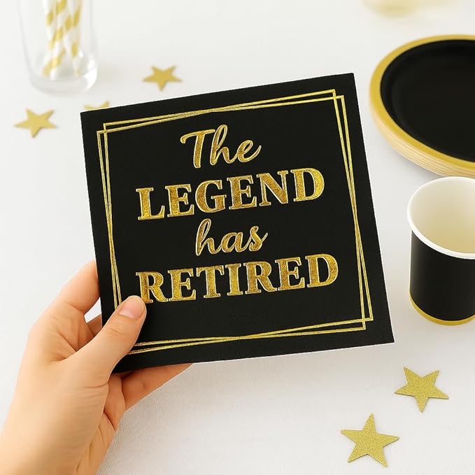 50‑Pack ‘The Legend Has Retired’ Black & Gold Napkins – 2‑Ply Cocktail, Lunch & Dinner Party Napkins – Elegant, Disposable Retirement Party Decoration – 6.5″ x 6.5″ Folded (Large, 50, Pack)
