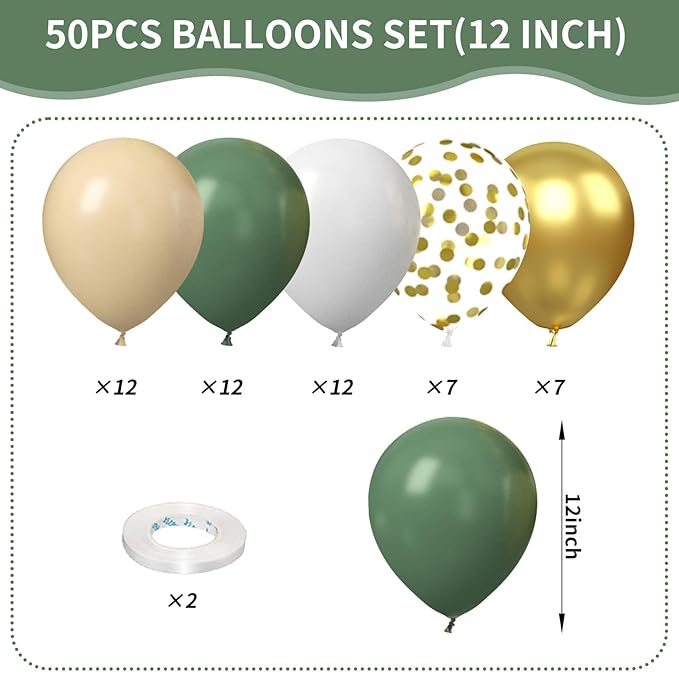 Sage Green Gold Balloons, 50Pcs 12 Inches Dusty Green White Metallic Gold Confetti Balloons for Engagement Anniversary Bridal Wedding Baby Shower Graduation Birthday Party Decorations