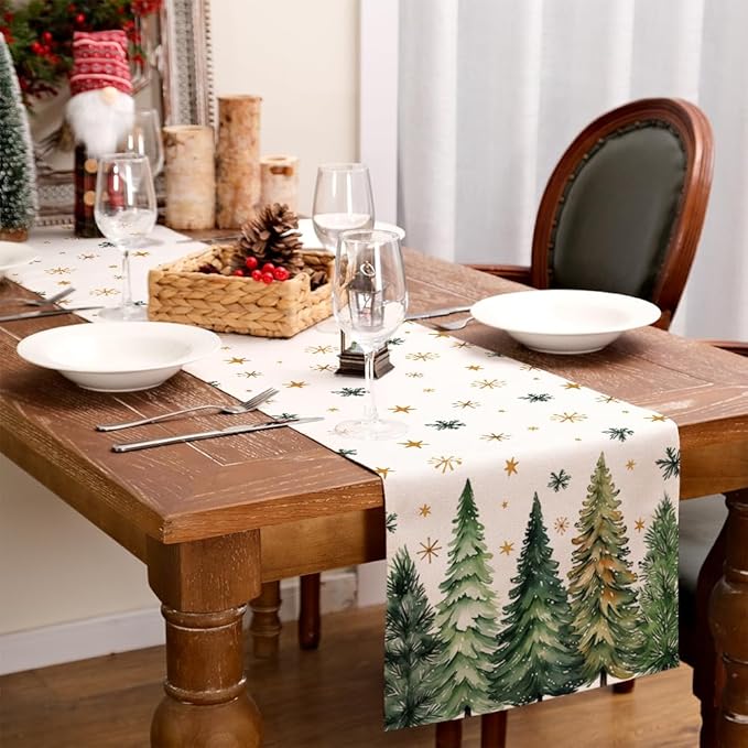 GEEORY Christmas Table Runner 13x48 Inch, Xmas Tees Snowflakes Holiday Decorative Farmhouse Table Decoration for Kitchen Dinning, Indoor Outdoor Dinner Party Decor (Light Green) GT166-48
