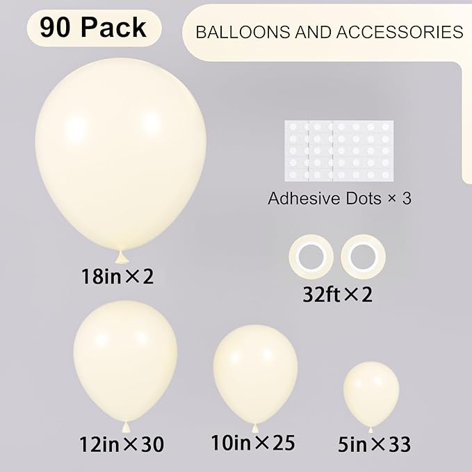 90pack Ivory Balloons Different Size 18/12/10/5 Inch Ivory White Balloon Garland Arch Kit for Graduation, Wedding, Birthday, Princess Theme, Baby Shower, Anniversary Party Decorations