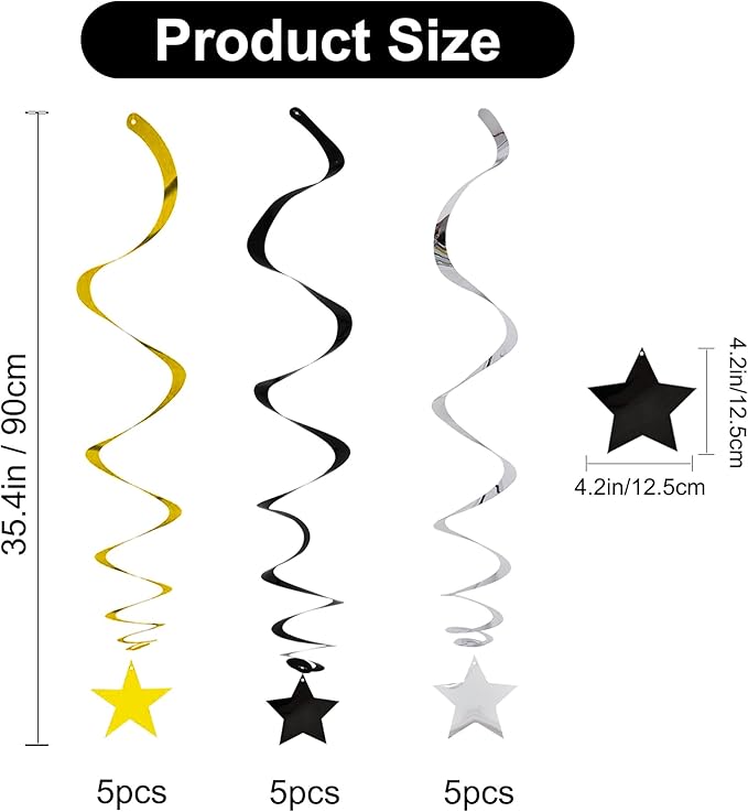 BEISHIDA Black Gold Silver Star Hanging Swirl Decorations,Graduation Birthday Hanging Party Supplies for Graduation Wedding Baby Shower Birthday Decorations,Pack of 15