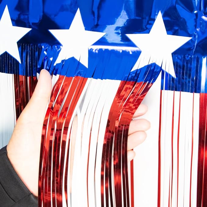 4 Packs 10 Feet Long Foil Fringe 4th of July Star Garland Memorial Day USA Red White Blue Independence Day Tinsel Metallic Streamers Patriotic Banner Car Parade Floats Garden Trailer Decor