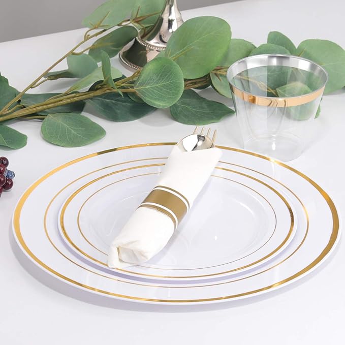 WELLIFE 210 Piece Gold Plastic Dinnerware Set, Include: 30 Dinner Plates, 30 Dessert Plates, 30 Pre Rolled Napkins with Silverware and 30 Cups