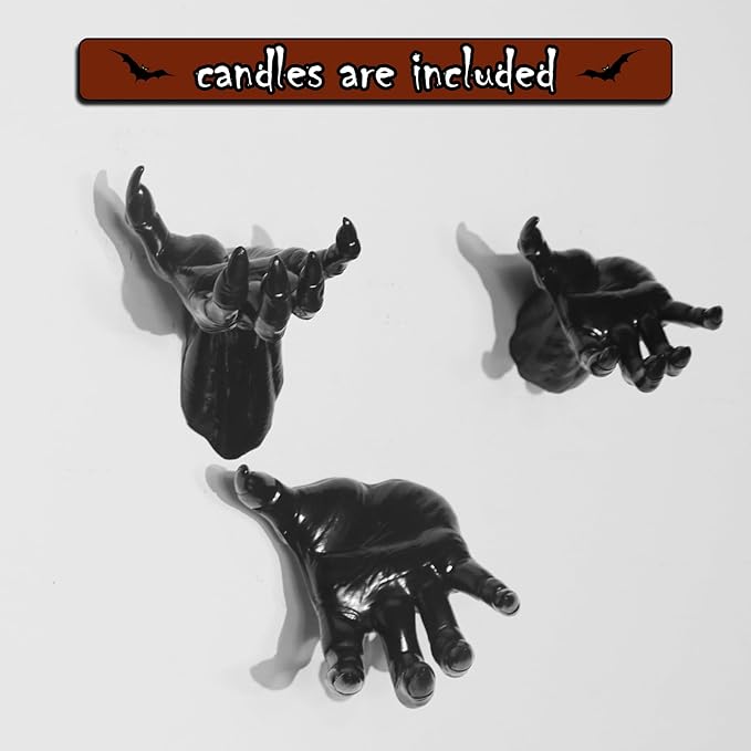 Halloween Decorations, 3 Pack Wall Mounted Creepy Reaching Hands with LED Candles, Life-Sized Horror Wall Hands for Gothic Wall Decor Outdoor/Indoor (Style 2)