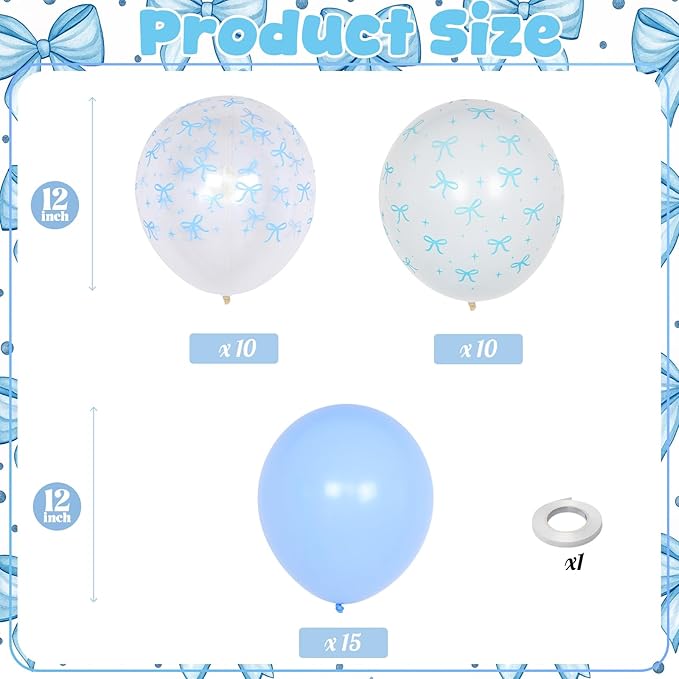 Blue Bow Balloons, 12 Inch Pastel Light Blue Transparent White Bow Print Coquette Balloon for Girls Birthday Bachelorette Party Bridal Baby Shower Wedding Anniversary Decorations Supplies