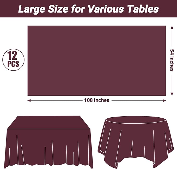 QZYL 12 PCS Wine Plastic Tablecloths, 54 in x 108 in Dinner Table Cloths, Rectangle Table Cover for Birthday Party Family Gathering Wedding